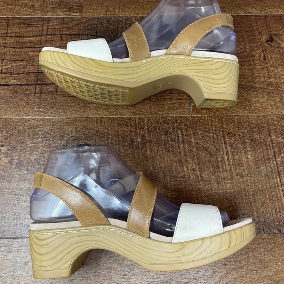 Dansko Leather Marjory Asymmetrical Strap Heeled Sandals Ivory/Tan EU37/US 6.5/7 - Picture 2 of 16